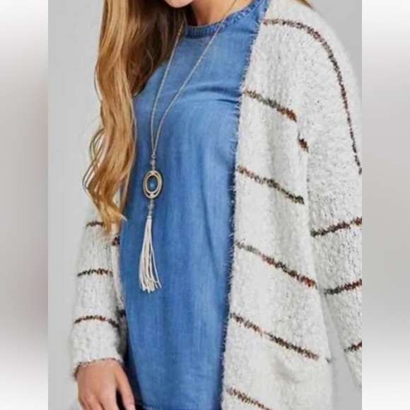 Cozy White Striped Women's Cardigan by Altar’d State - Picture 1 of 11